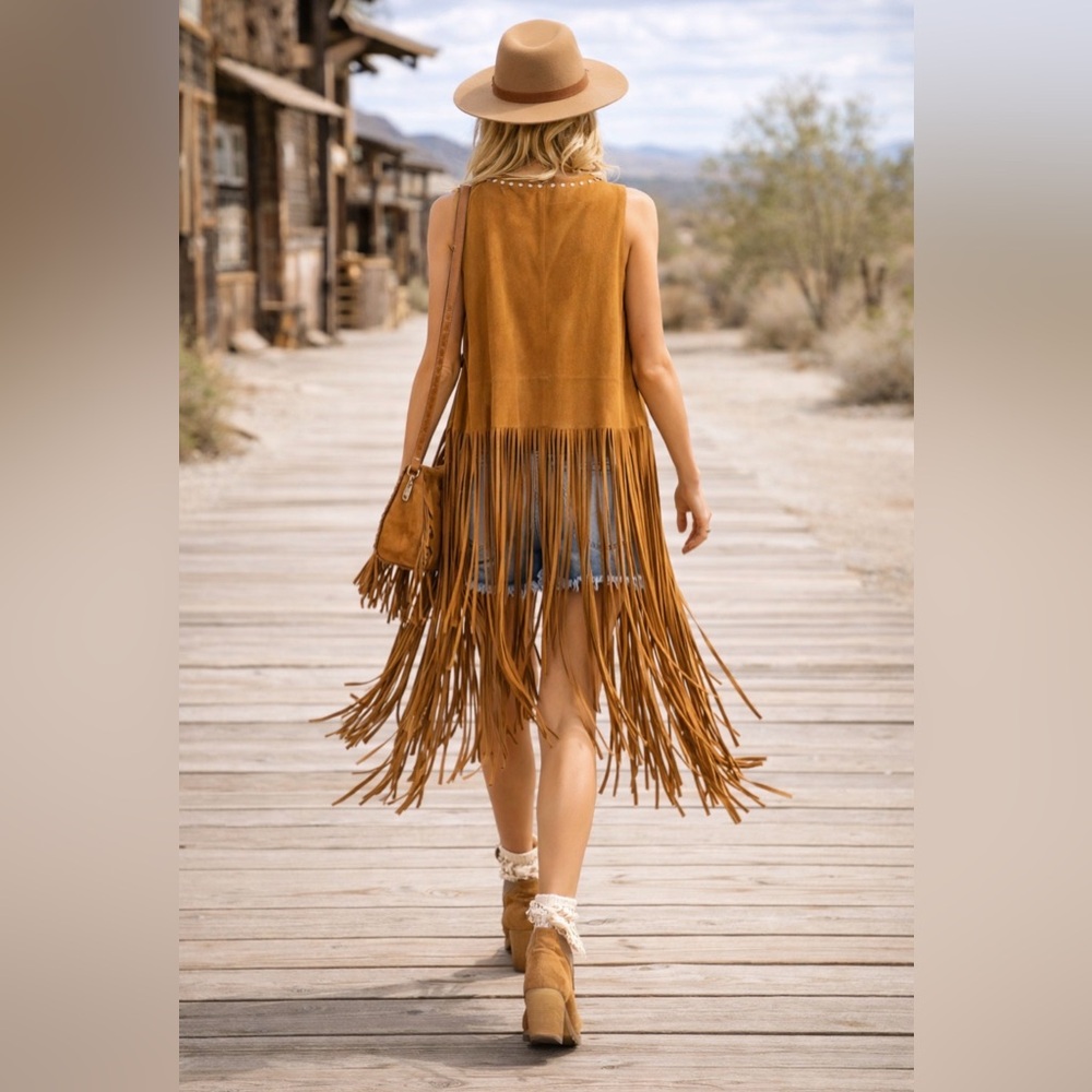 Boho Faux Suede Camel Long Fringe Western Festival Duster ~ Size Large - Picture 9 of 16